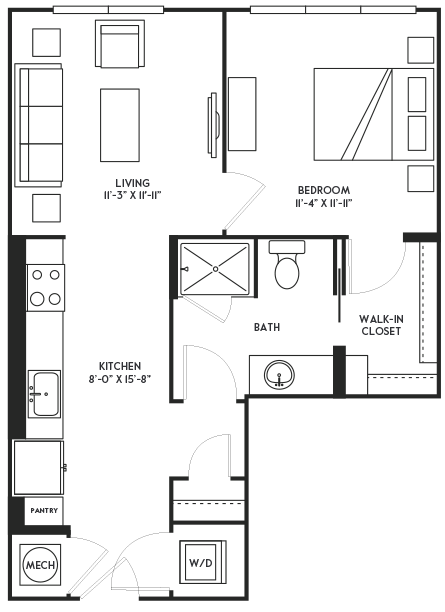 Floor plan for 1 bed, 1 bath, 667 sqft